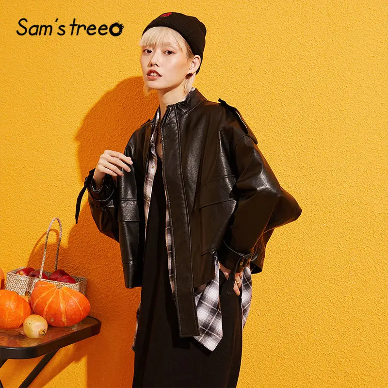 Most effective  Samstree Black Pure Pocket Motor Storm Leather Jacket Women Coat 2019 Autumn Streetwear Casual Fema