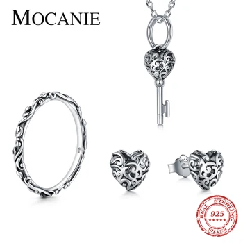 

Mocanie Classic 925 Sterling Silver Simple Vintage Winding Pattern Jewelry Set Necklace & Stud Earring & Ring Wedding Party Gift