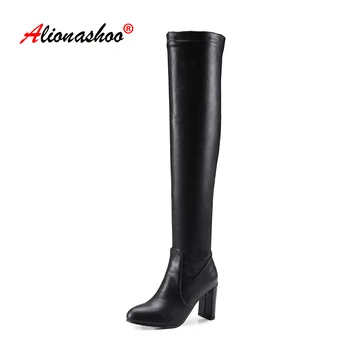 

Pu Leather Over The Knee Stretch Boots Winter Black White Slim Thigh High Boots Women Round Toe Booties Large Size 34-48