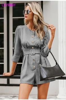2019 autumn new round neck seven-point sleeve short jumpsuit women a row of buckle Button  Regular  Casual 6