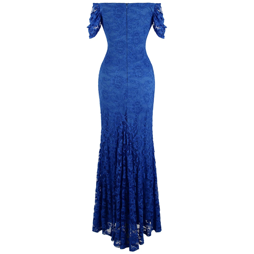 Ангел-модные Для женщин с открытыми плечами, кружевное, вечернее платье, длинный Бисер короткий рукав Свадебная вечеринка платье Синий 453