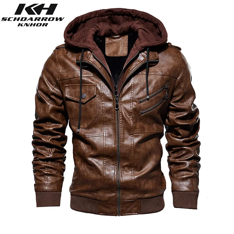 Mens Leather Jackets Men's Winter Hooded Warm Leather Jacket Men Casual Motorcycle PU Leather Jacket Coat Outerwear Male Clothes