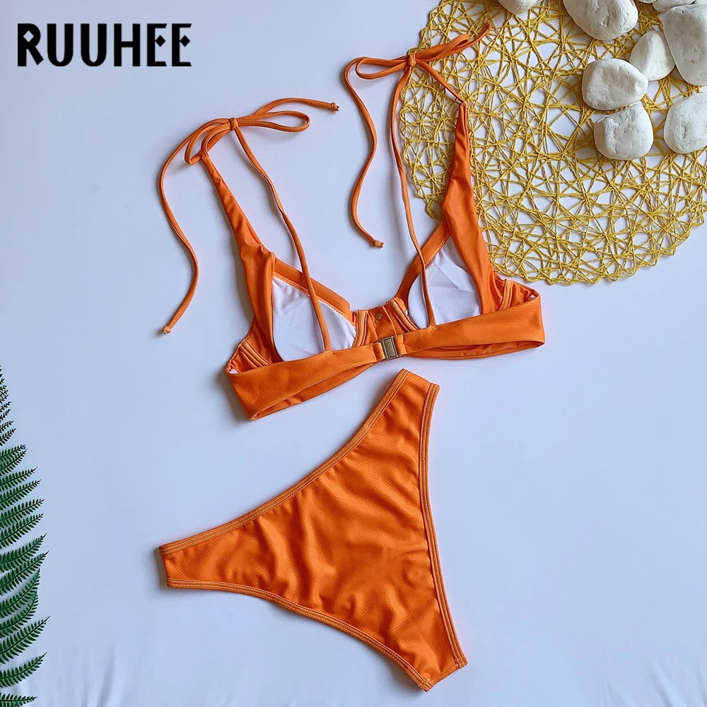 RUUHEE, сексуальный купальник-бикини треугольной формы, купальник, Одноцветный, низкая талия, бикини, набор, ремень, пуш-ап, женский,, купальник, пляжная одежда, бикини
