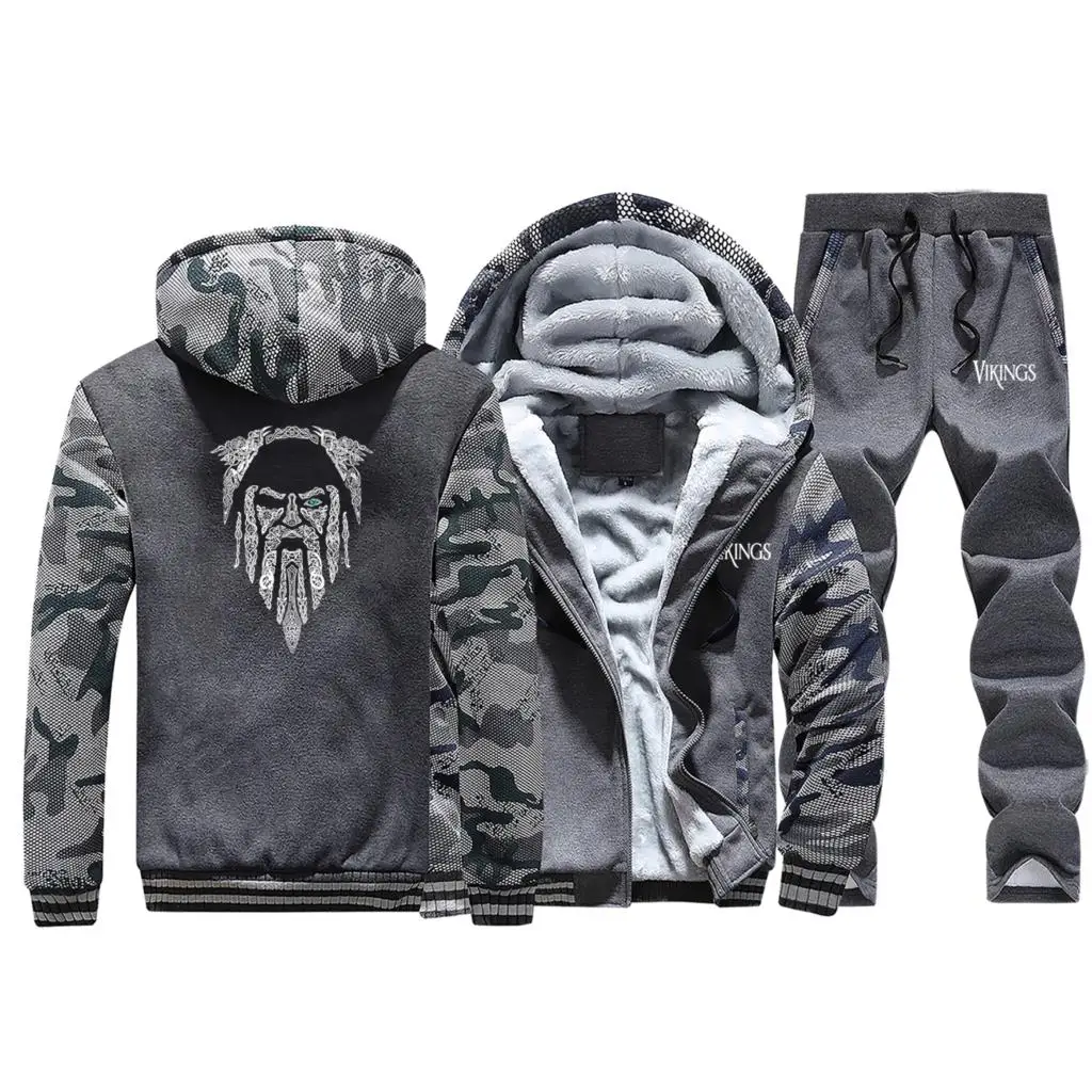 Dark Gray Odin Толстовка Vikings для мужчин, модный спортивный костюм, мужская толстовка с капюшоном+ штаны, комплект из 2 предметов, Толстая куртка на молнии, мужской зимний теплый костюм - Цвет: Dark Gray