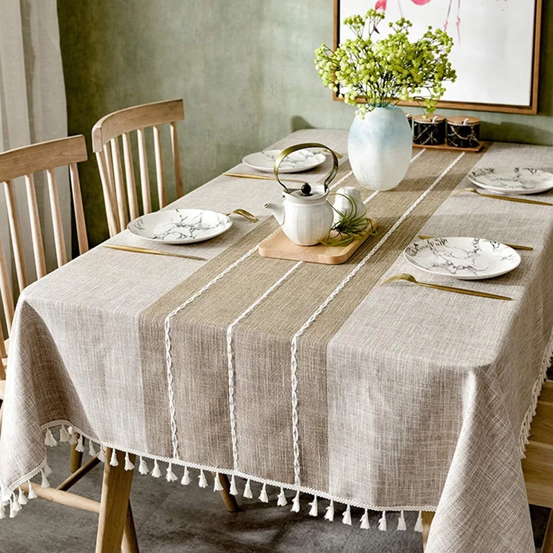 Splicing Tassel Tablecloth Cotton Linen Dust-Proof Tablecloth Is Suitable for Kitchen Table Top Decoration