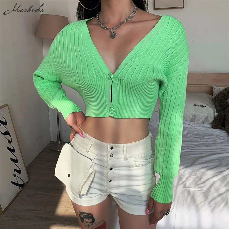 Macheda Fashion Knitting Long Sleeve V Neck Button Cardigan Women Autumn Sweater Crop Top Lady Solid Casual Clothes New