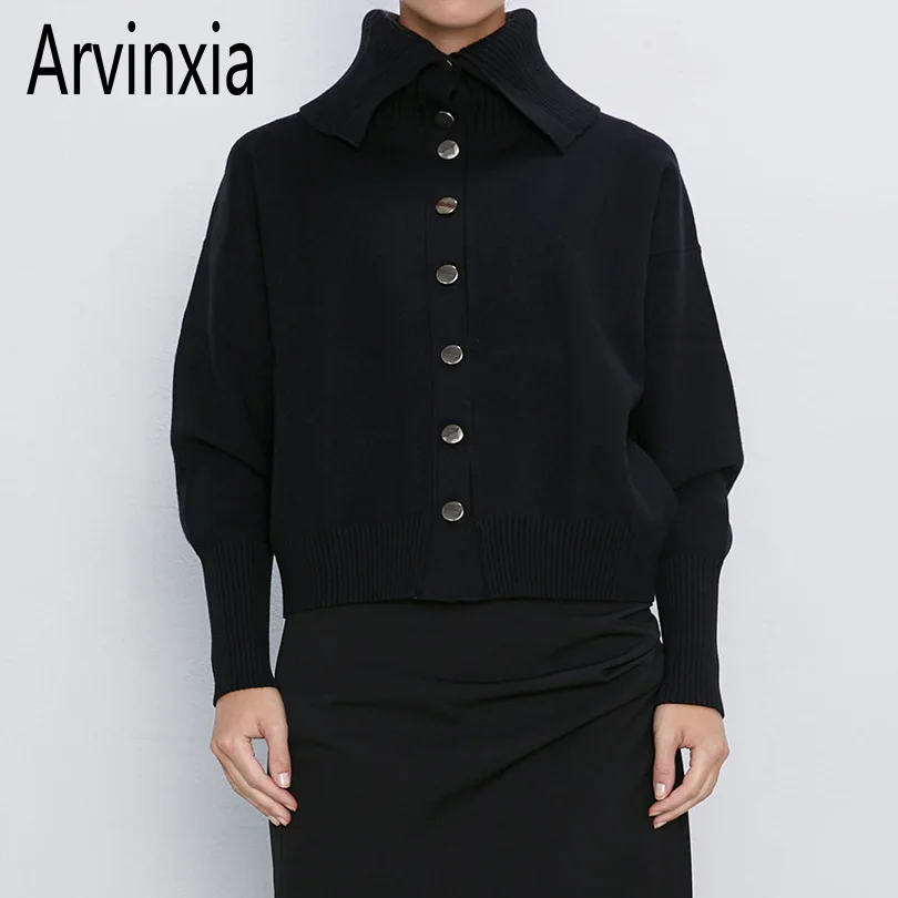 Arvinxia ZA Fashion Solid Turn Down Collar Woman Sweaters Sexy High Waist Lady Knit Tops New Buttons Long Sleeves |