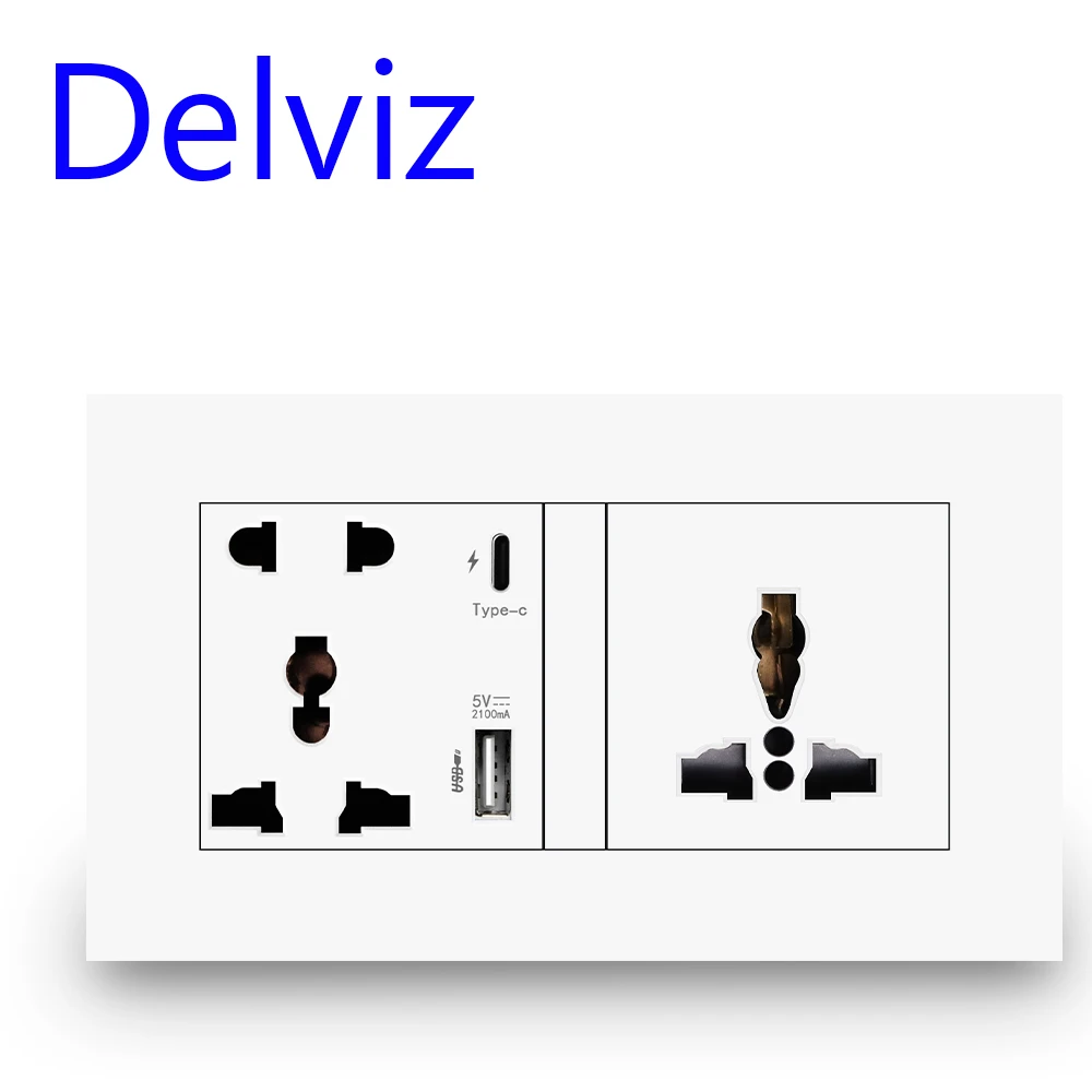 Delviz Type C Interface Socket, 18W 4A Smart Quick Charge, 146mm*86mm international Dual Socket, Wall Universal USB Power Outlet