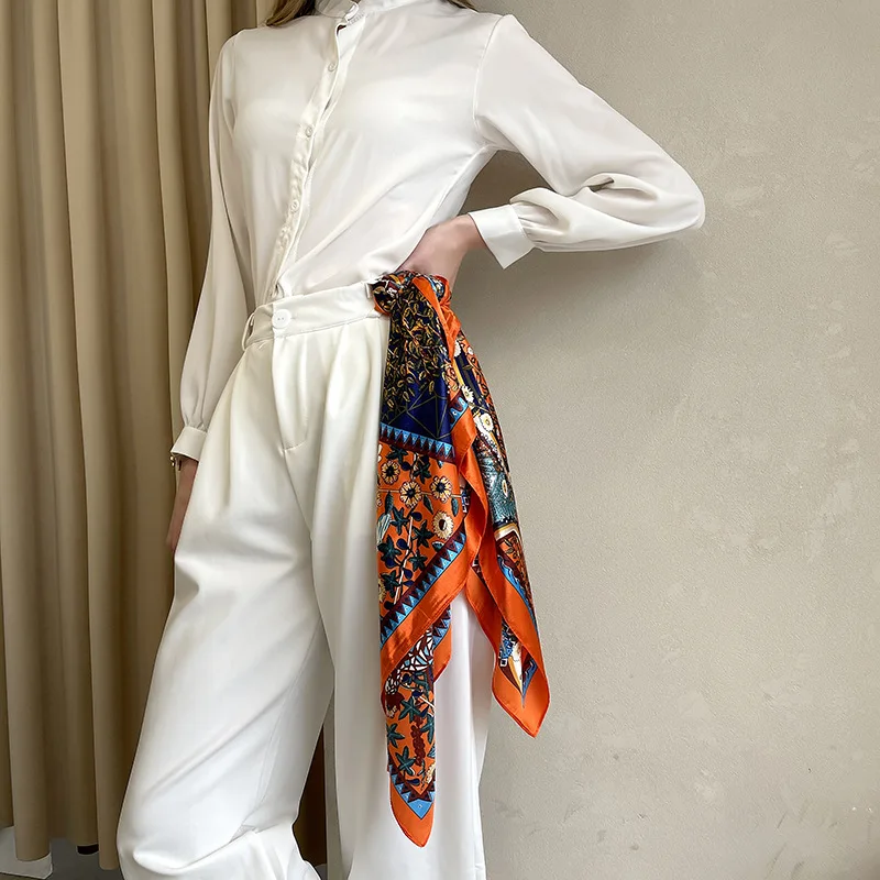 2023 New Printed Silk Stewardess Scarf Large Square Satin Scarf Shawl Exquisite and elegant women\'s accessories90cm*90cm