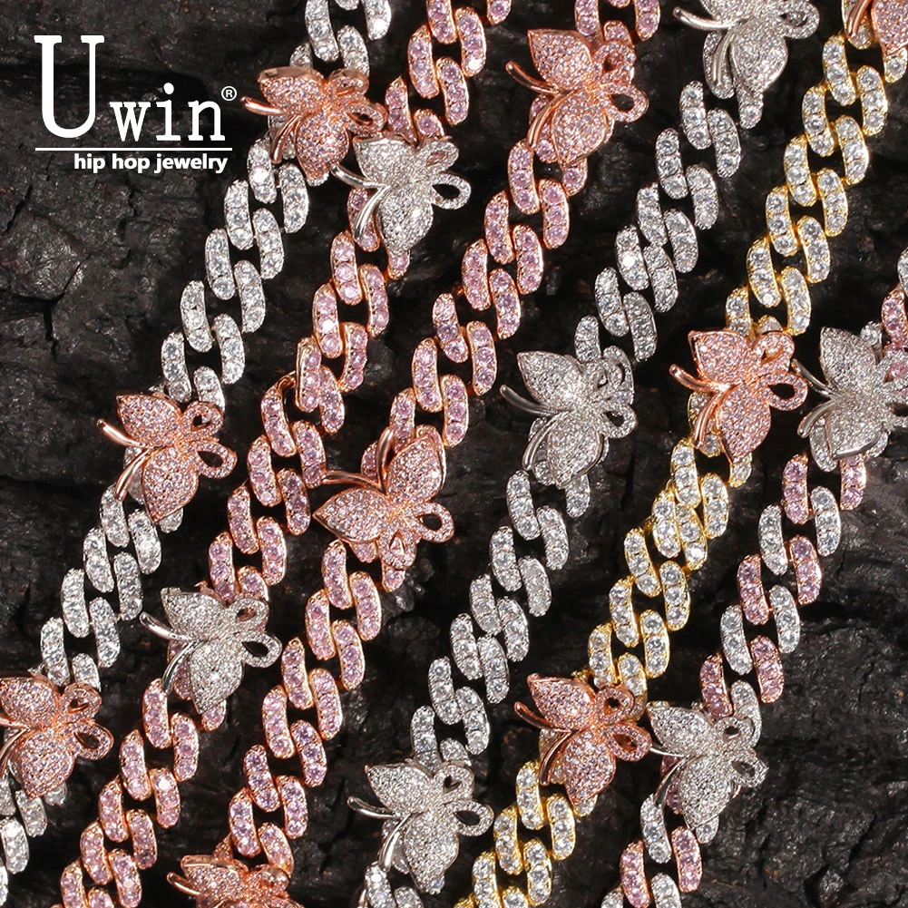 

Uwin Mini Butterfly Cuban Link 9mm Pink choker Cz Punk Miami Link Bling Bling Hip Hop Jewelry For Gift