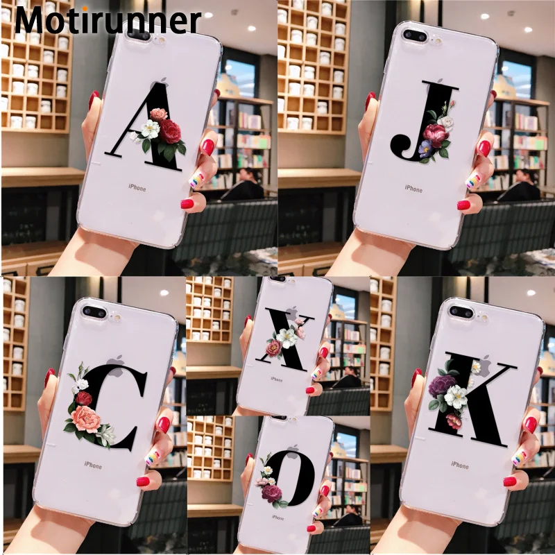 Motirunner Заказной черный цветочный алфавит шрифт буквы чехол для телефона для iPhone 11 Pro Max для iPhone X XR XS MAX 6 7 8 Plus 5 5c cas