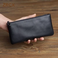 ZRCX Men's Genuine Leather Long Zipper Wallet First Layer Cowhide Youth Ultra-Thin Handbag Wallet Trendy Brand Simple Wallet