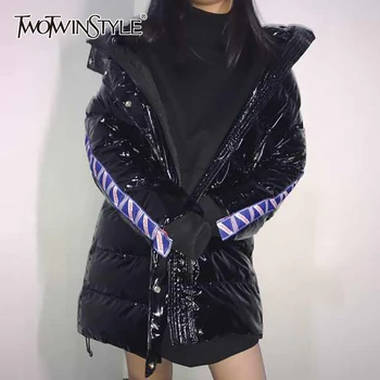 

TWOTWINSTYLE PU Leather Patchwork Women's Parkas Turtleneck Long Sleeve Drawstring Hit Color Female Cotton Coat Fashion New 2020