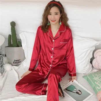 

2PCS Pajamas Sets Women Lapel Imitation Silk Long Sleeve Home Wear Ladies Mujer Sexy Satin Tops+Pants Nightgown Sleepwear New