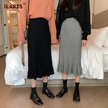 ILARES юбка, юбки, Женская длинная юбка, Женская юбка миди, Зимняя шерстяная Черная вязанная полосатая одежда, сексуальная юбка с высокой талией, облегающая бедра