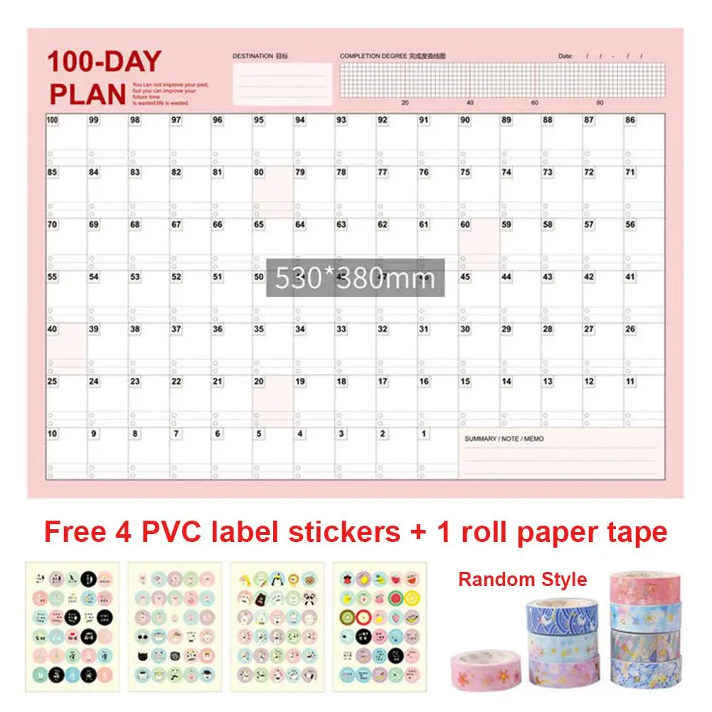 2020 Wall Calendar 365 Days Daily Monthly Yearly Schedule 57x76CM Reversible Planner with Paper Tape 4 PVC Label Stickers | Канцтовары