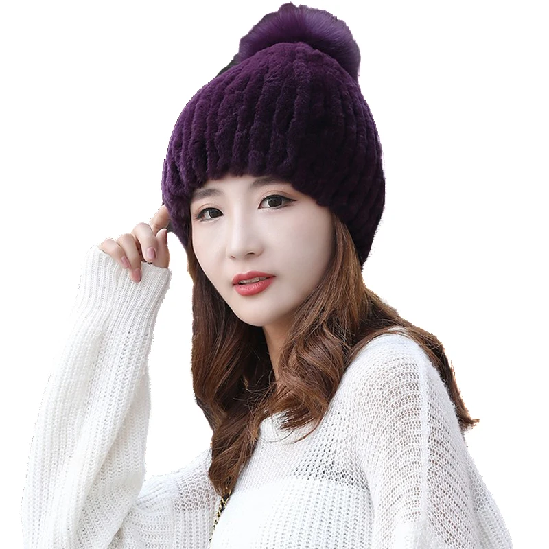 Style 12 Настоящий мех кролика шапки для женщин зимние теплые Skullies Beanie шапка с лисьим меховым помпоном - Цвет: Style 12