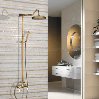 

Antique Brass Bathroom 7.7" Rainfall Shower Faucet Set Dual Handle Bath Shower Mixer Taps Wall Mounted with Handshower zan514