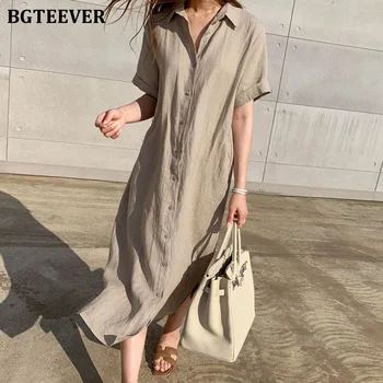 

BGTEEVER Simple Casual Loose Lapel Women Shirt Dress 2019 Spring Summer Single-Breasted Lace-Up Short-Sleeved Female Dress
