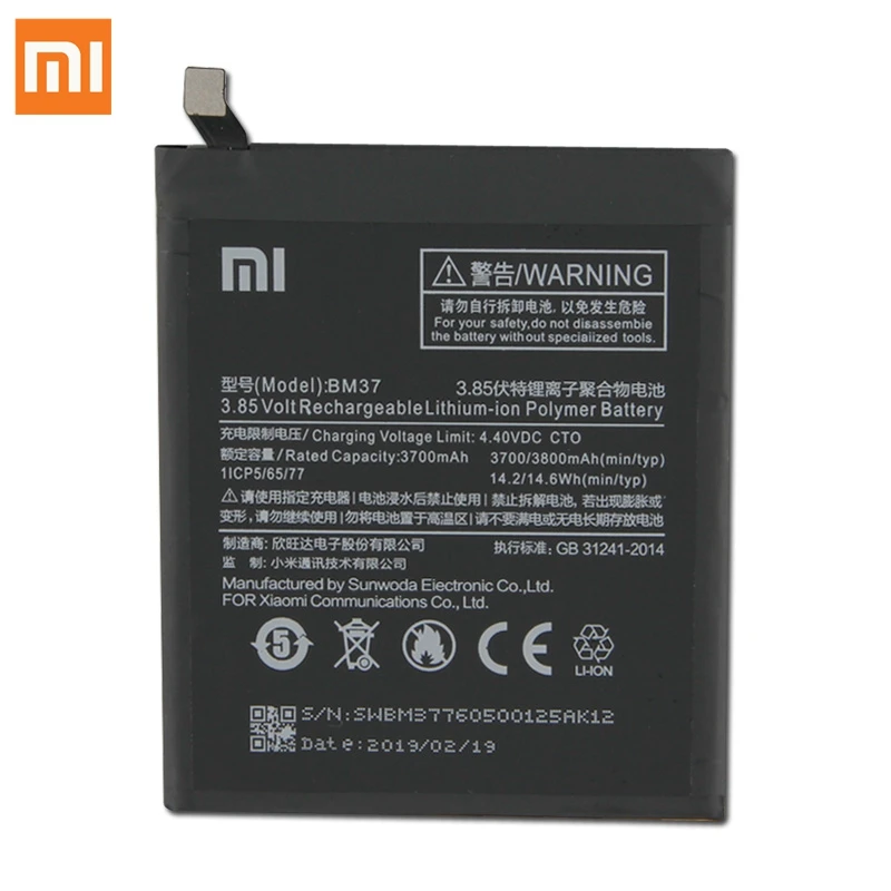 Оригинальная замена Батарея для Xiaomi Mi 5S плюс 5splus BM37 Натуральная кожа телефон Батарея 3800 ма-ч