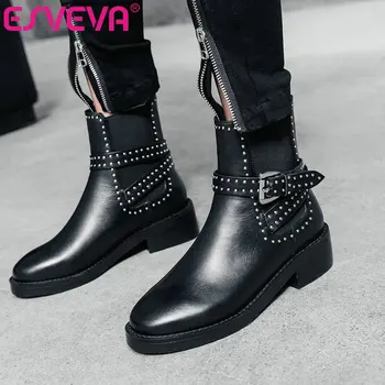 

ESVEVA 2020 Women Shoes Winter Ankle Boots Square Low Heel Platform Slip On Round Toe Motorcycle Platform Boot Size 34-40