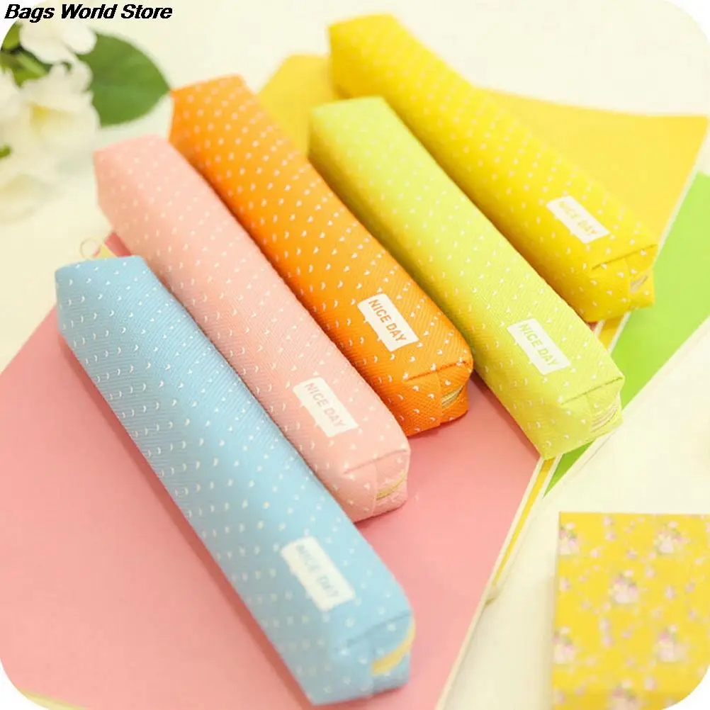 

1 Pcs Cute Candy Color Pencil Case Kawaii Dot Canvas Pen Bag Stationery Pouch For Girls Gift Office School Supplies Random