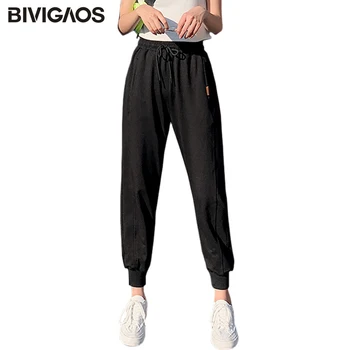 

BIVIGAOS 2020 New Women Cotton Sweatpants Pocket Leather Label Casual Sport Pants Solid Color Trousers Women Hip Hop Clothes