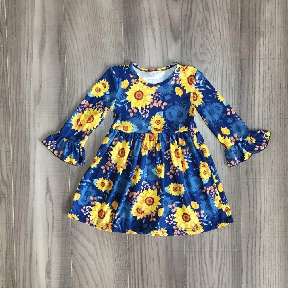 Детское осенне-зимнее платье для девочек; платье с подсолнухами для девочек; голубое платье с длинными рукавами для девочек; милое платье для девочек