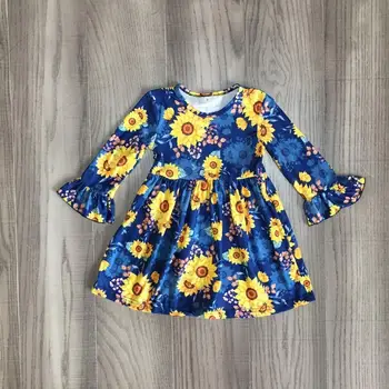 

children girls fall/winter dress girls sunflower dress girls blue long sleeve DRESS girls cute dress