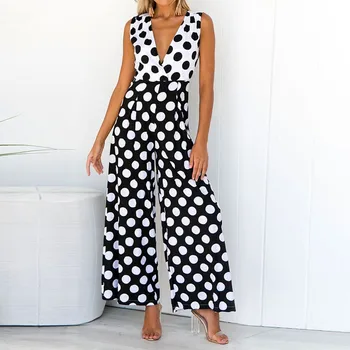 

Kombinezony For Women V-Neck Casual Short Sleeveless Elastic Waist Polka Dot Jumpsuit Macacao Feminino Dropship J#19