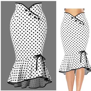 

Women Skirt High Waist Lace Up Maxi Mermaid Ruffle Dot Skirt Stretch Print Half Mid-Calf Skirt Vintage