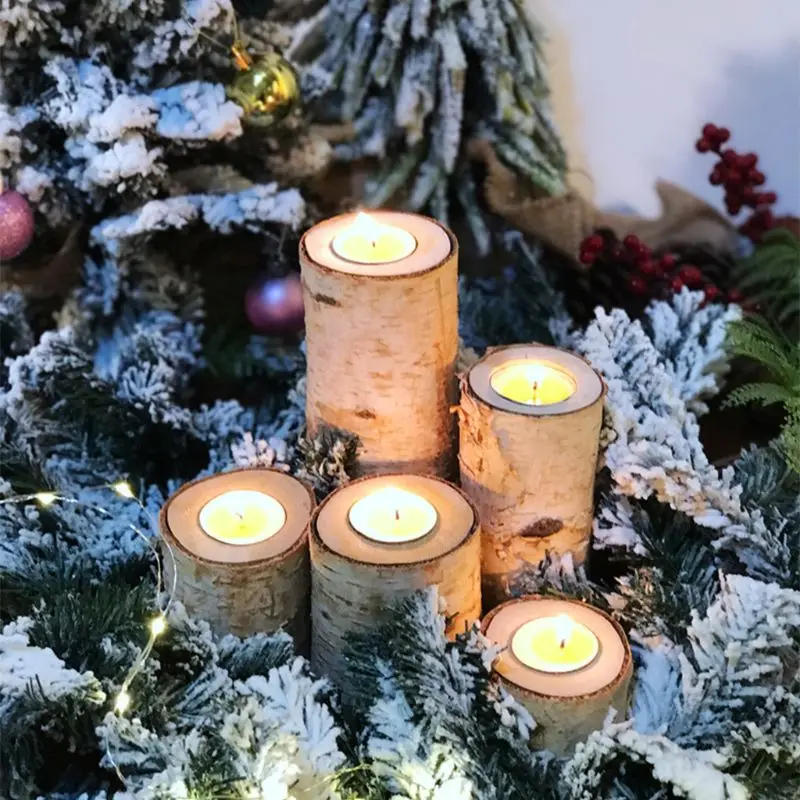 Рождественский подсвечник, набор из 3 настоящей березовой бревно, чайный светильник, подсвечник для рождественского бревна, деревенский Декор