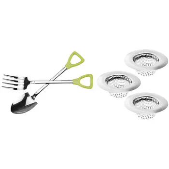 

2 PCS Stainless Steel Spoon and Fork Set 1 Cute Shovel Shape Spoon 1 Fork & 3 Pack Kitchen and Bathroom Sink Strainer