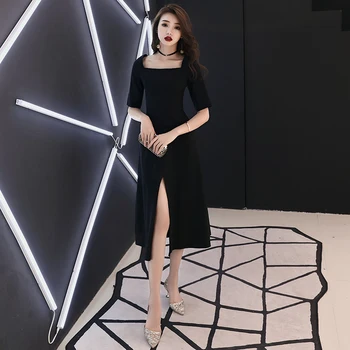 

Women Half Sleeve Square Collar Formal Party Dress Sexy Slim High Split Cheongsam Elegant Black Qipao Vestidos De Festa