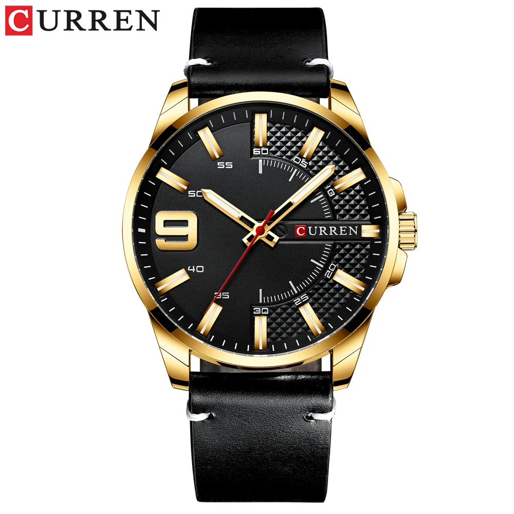 Gold black CURREN, новинка, мужские часы, водонепроницаемые, Топ бренд, Роскошные, с календарем, модные мужские часы, кожа, спортивные, военные, мужские наручные часы, 8371 - Цвет: Gold black