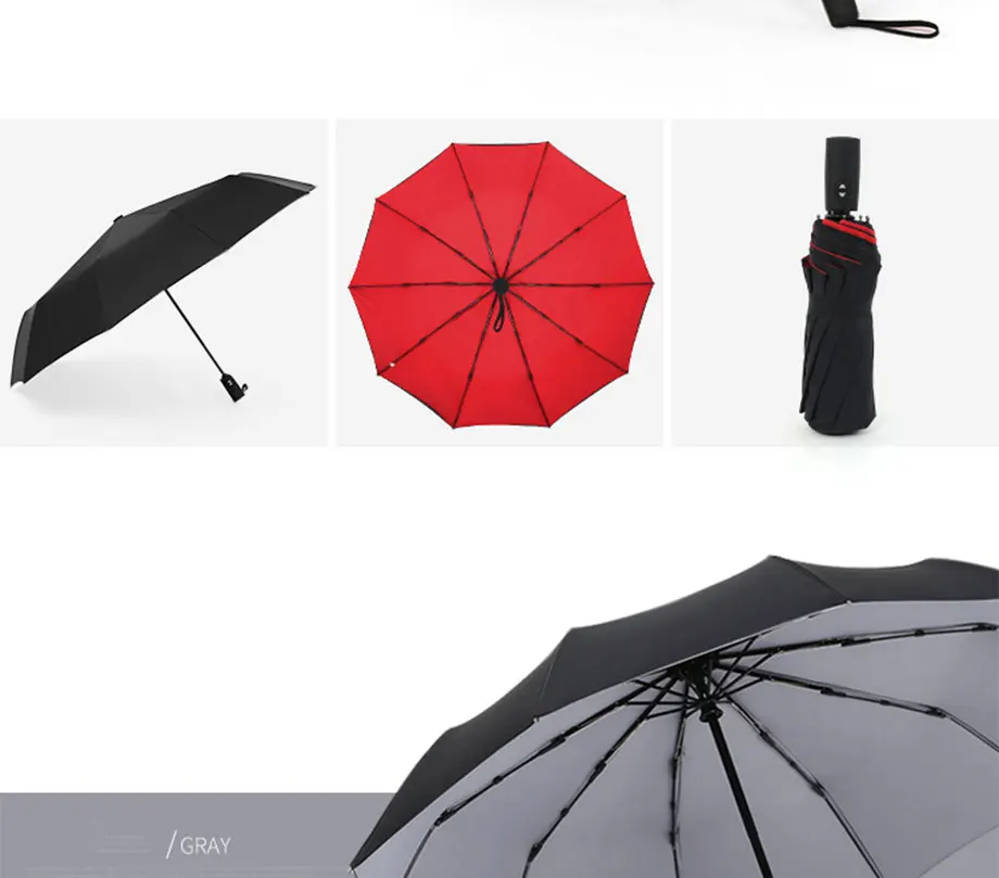 Трехскладной полностью автоматический зонт от дождя, женский Автоматический роскошный большой Ветрозащитный зонтик для гольфа для мужчин, черный 10 ребер большой зонтик