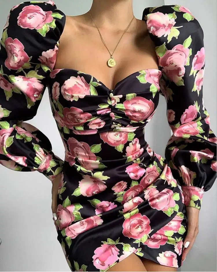 

Catwalk Runway Winter Floral Dress Sexy Long Sleeve Women Dress 2019 Designer Fashion Party Dress Vestido