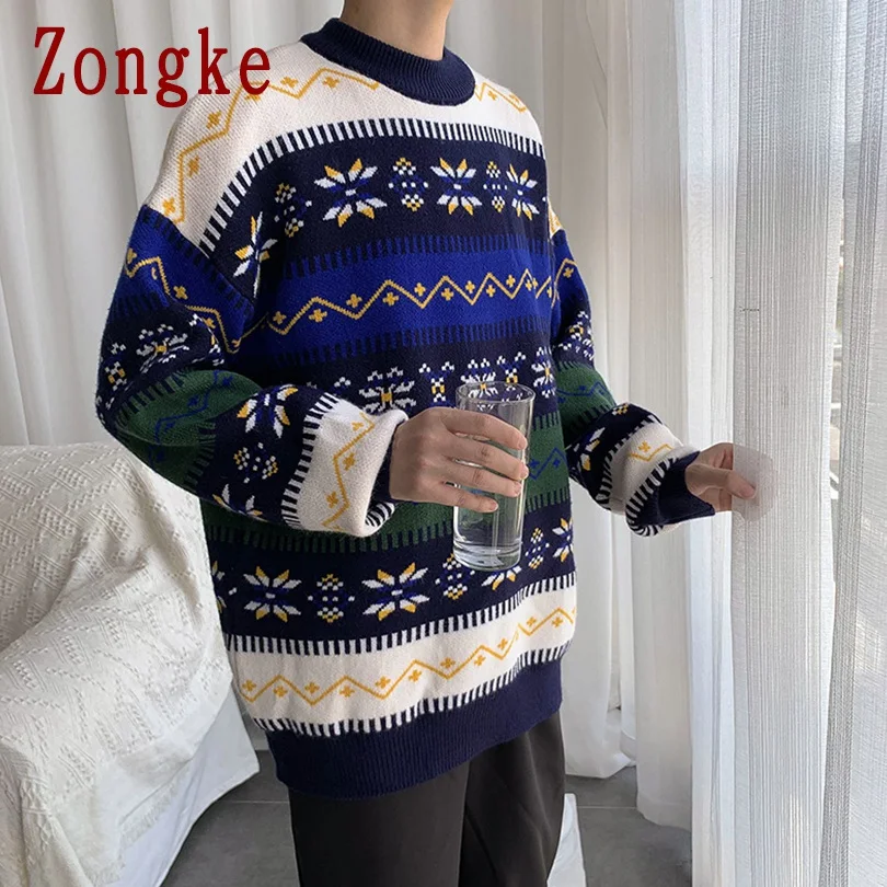 Zongke осенне-зимний полосатый Повседневный свитер для мужчин облегающий вязаный пуловер для мужчин модный брендовый мужской свитер теплый M-5XL