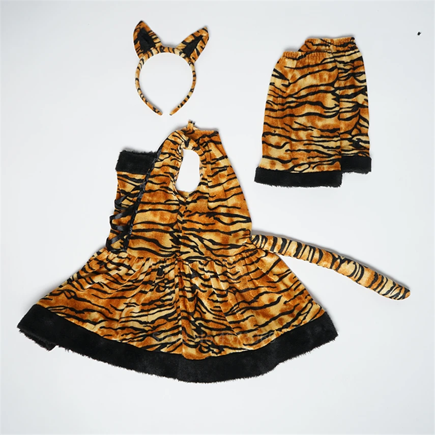 Girls Cute Cartoon Animal Cosplay Costumes Fancy Halloween Carnival KIds Tiger Leopard Purim Party Print Dresses With Headband