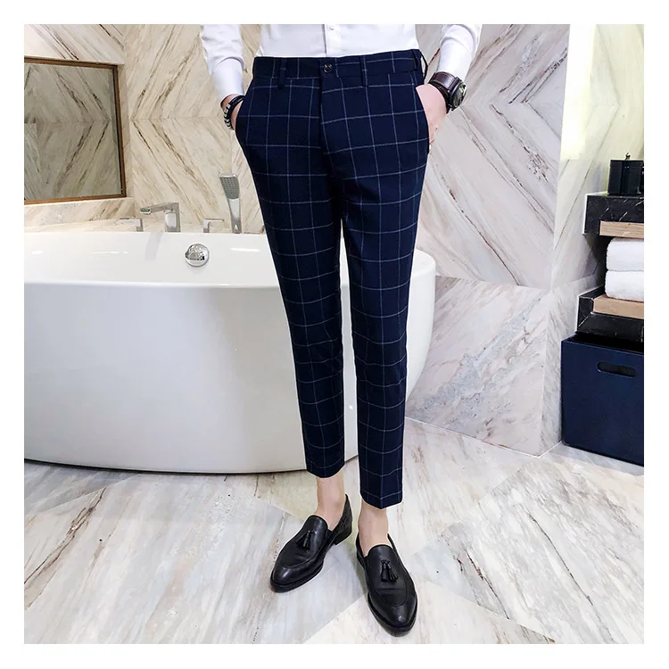 Мужские модельные брюки мужские s обтягивающие повседневные брюки Slim Fit деловые мужские строгие брюки высококачественные формальные клетчатые брюки размер S-4XL