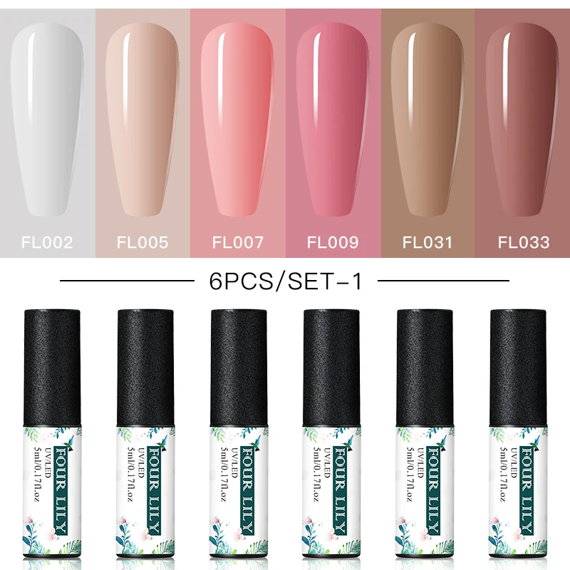 

Four Lily 6Pcs Nail Gel Polish Set Semi Permanent Hybrid Gel Nail Varnish Base Top Coat Soak Off UV LED Nail Art Gel