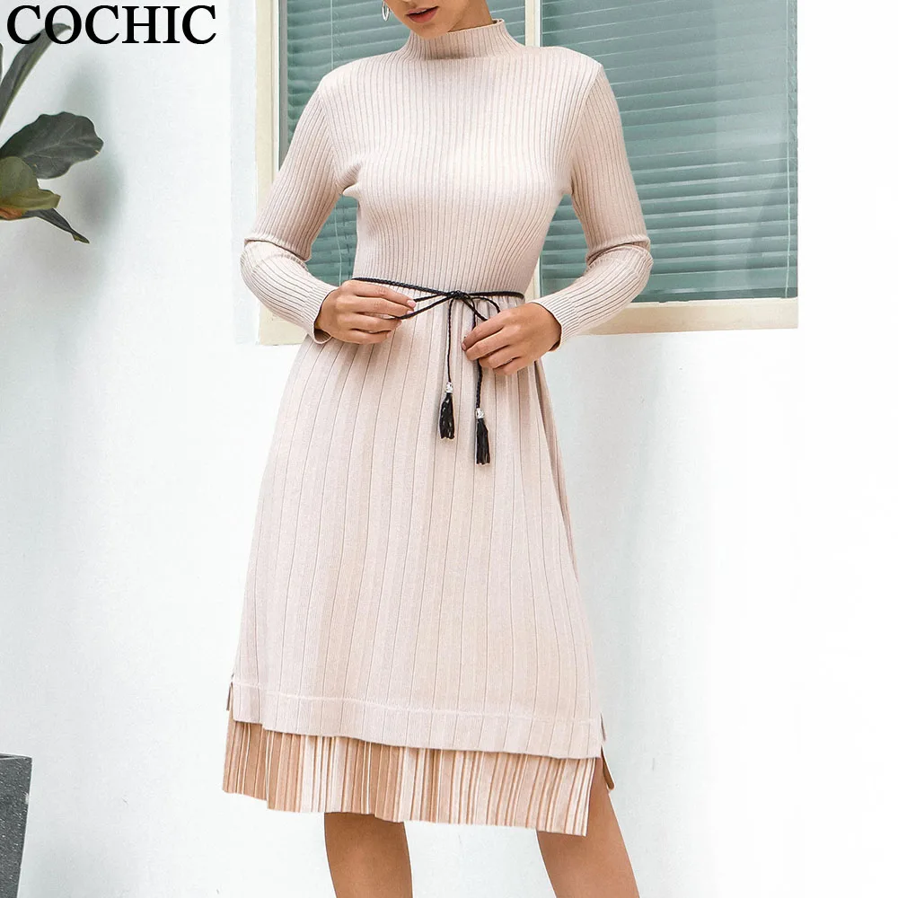 

Autumn winter bottoming Half turtleneck mid-long velvet splice sweater dresses solid color warm knit pleated dress