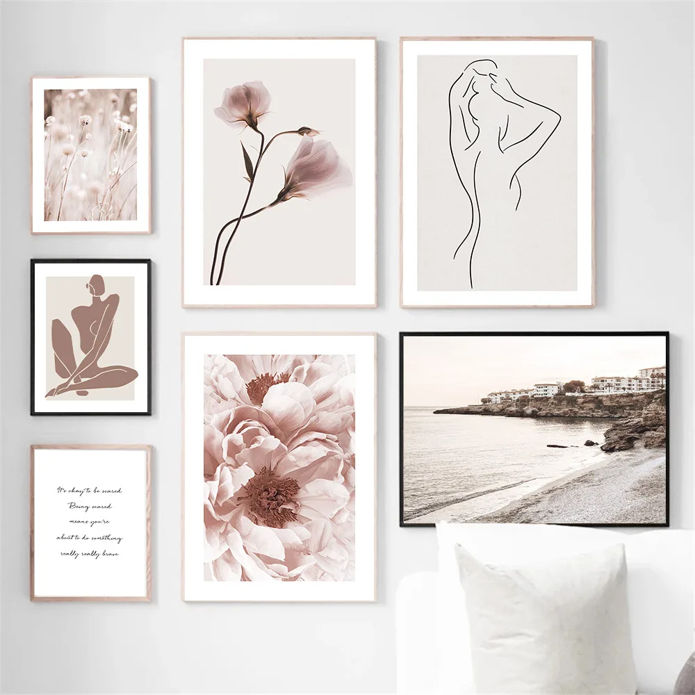 

Beach Pink Flower Wall Art Poster Architecture Landscape Art Print Women Body Line Drawing Quotes Canvas Painting Home Decor