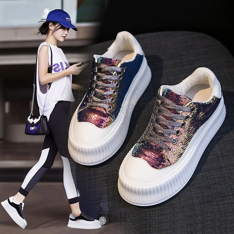 

Elevator White Shoes Women's 2019 Summer New Style Fashion Sequin Athletic Shoes Women Shoes Korean-style Online Celebrity Trend