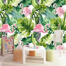Пользовательские фото обои Фламинго ручная роспись зеленые листья интерьер фон стены Гостиная Спальня Фреска современные обои 3D