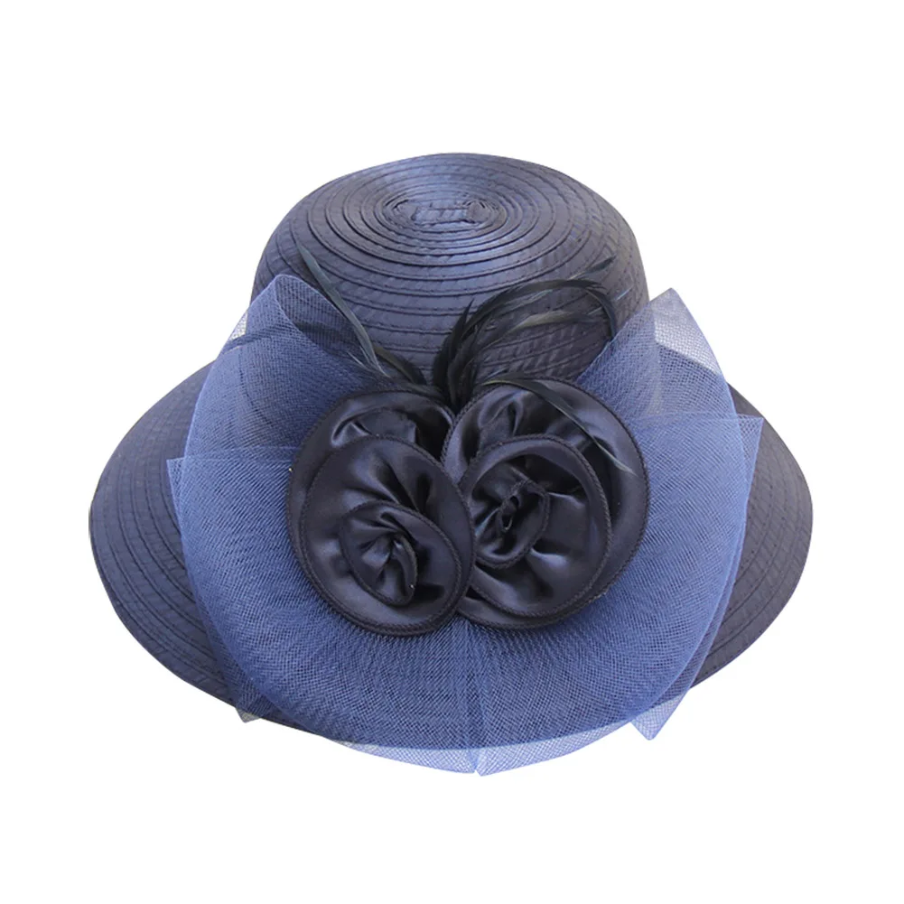 Navy blue Горячая распродажа! Женская Цветочная лента из органзы с широкими полями, Цветочная лента с перьями, сатиновая шляпа Кентукки Дерби, свадебная шляпа от солнца K2 - Цвет: Navy blue
