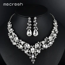 Mecresh роскошный свадебный цветок с кристаллами, наборы свадебных ювелирных изделий, индийский серебряный цвет, серьги, ожерелье, набор для женщин MTL595
