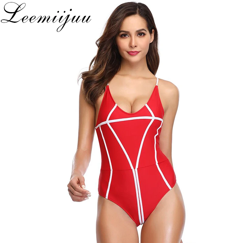 

One piece Geometric swimsuit women sexy Solid bathing suit 2 colors Red Black one-piece Swimwear Siamese tight swimsuit