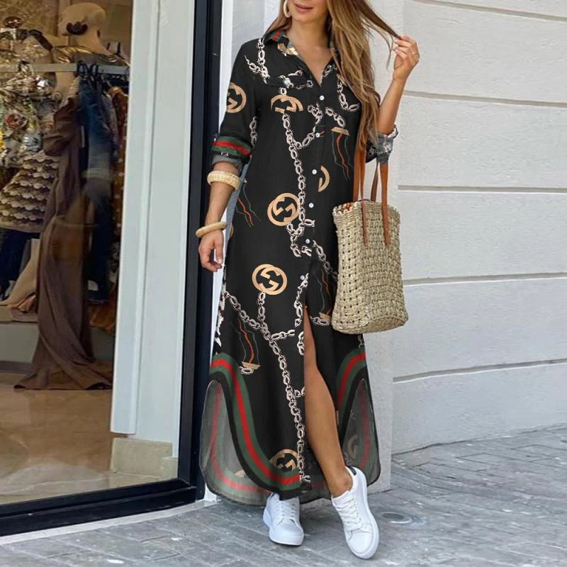 Elegant Maxi Beach Dress Women Button Down Long Shirt Dress Summer Chain Print Lapel Neck Party Dress Casual Long Sleeve Vestido Elegant Maxi Beach Dress Women Button Down Long Shirt Dress Summer Chain Print Lapel Neck Party Dress Casual Long Sleeve Vestido