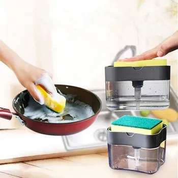 

Plastic 2 In 1 Soap Pump Dispenser with Sponge Holder Cleaning Automatic Liquid Dispenser Container Press Soap Organizer Kitchen